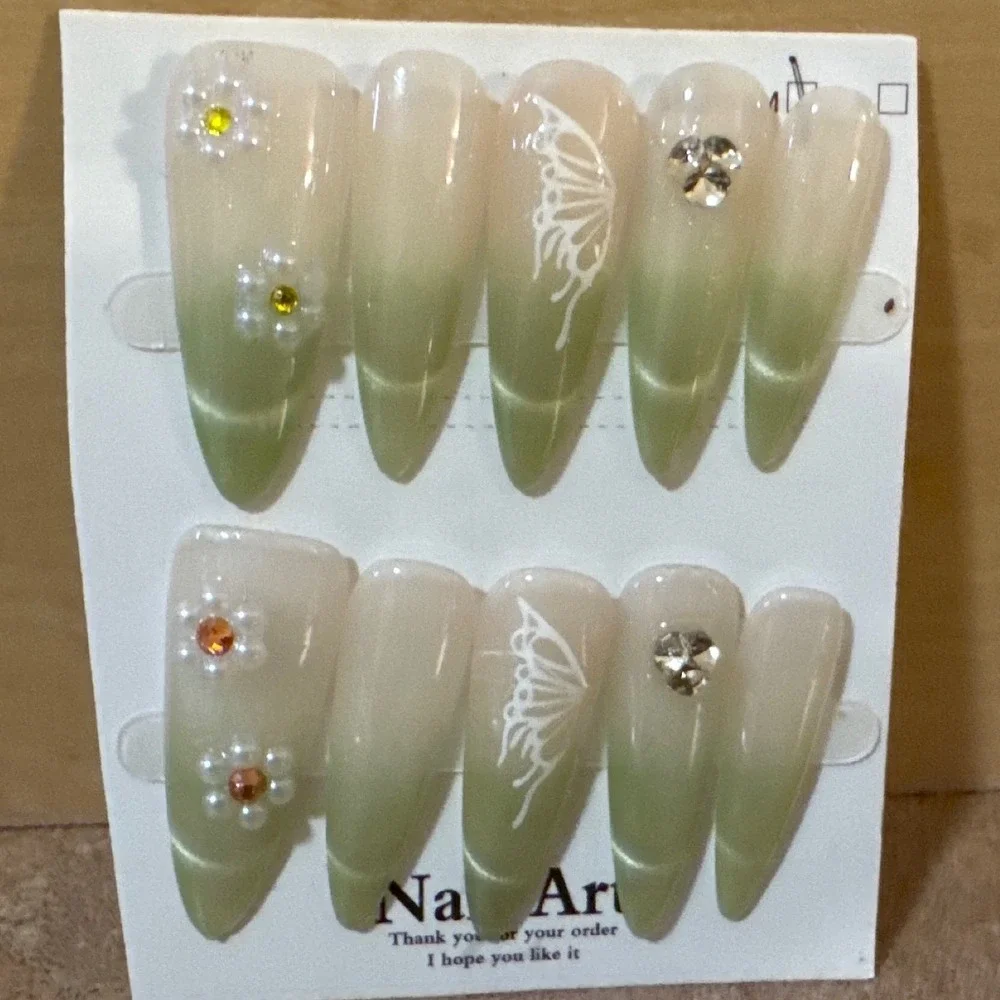 Green‎ Ombre Butterfly Press On Nails Cat Eye Almond Stiletto 3D Floral 10pc Set